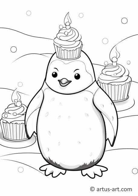Penguin with Cupcake Coloring Page